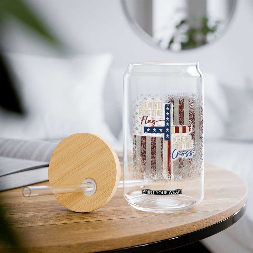 Stand For The Flag Kneel For The Cross Glass Can Patriotic Faith Vintage American Flag