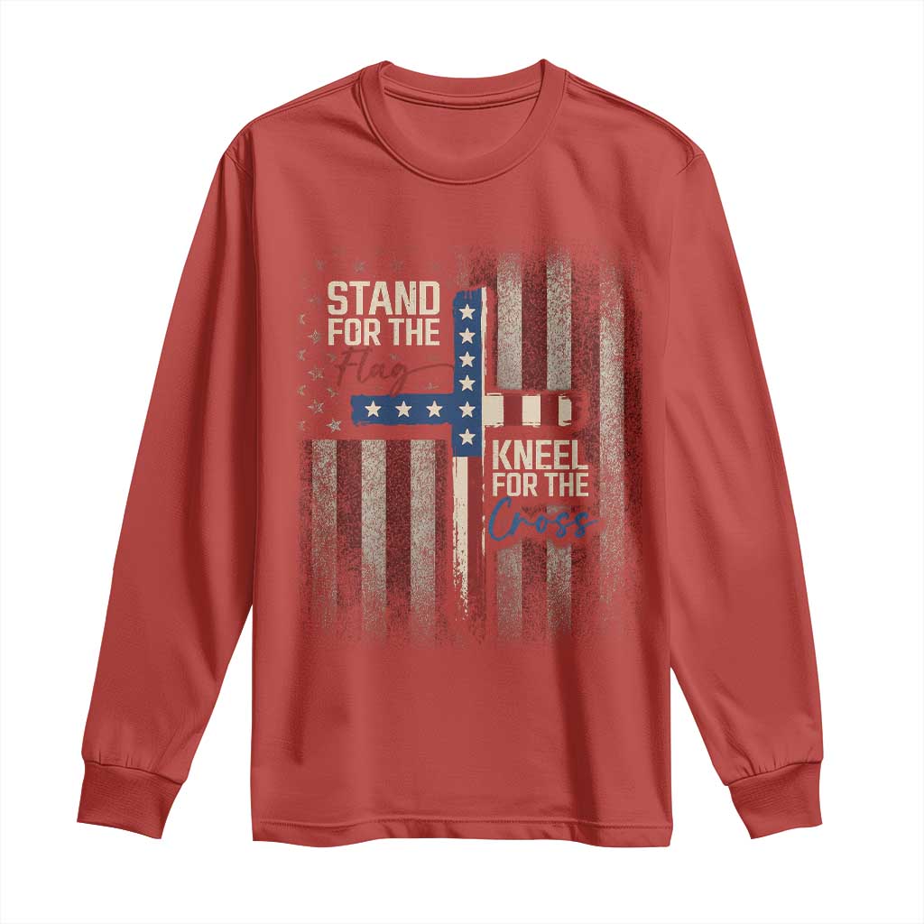 Stand For The Flag Kneel For The Cross Long Sleeve Shirt Patriotic Faith Vintage American Flag