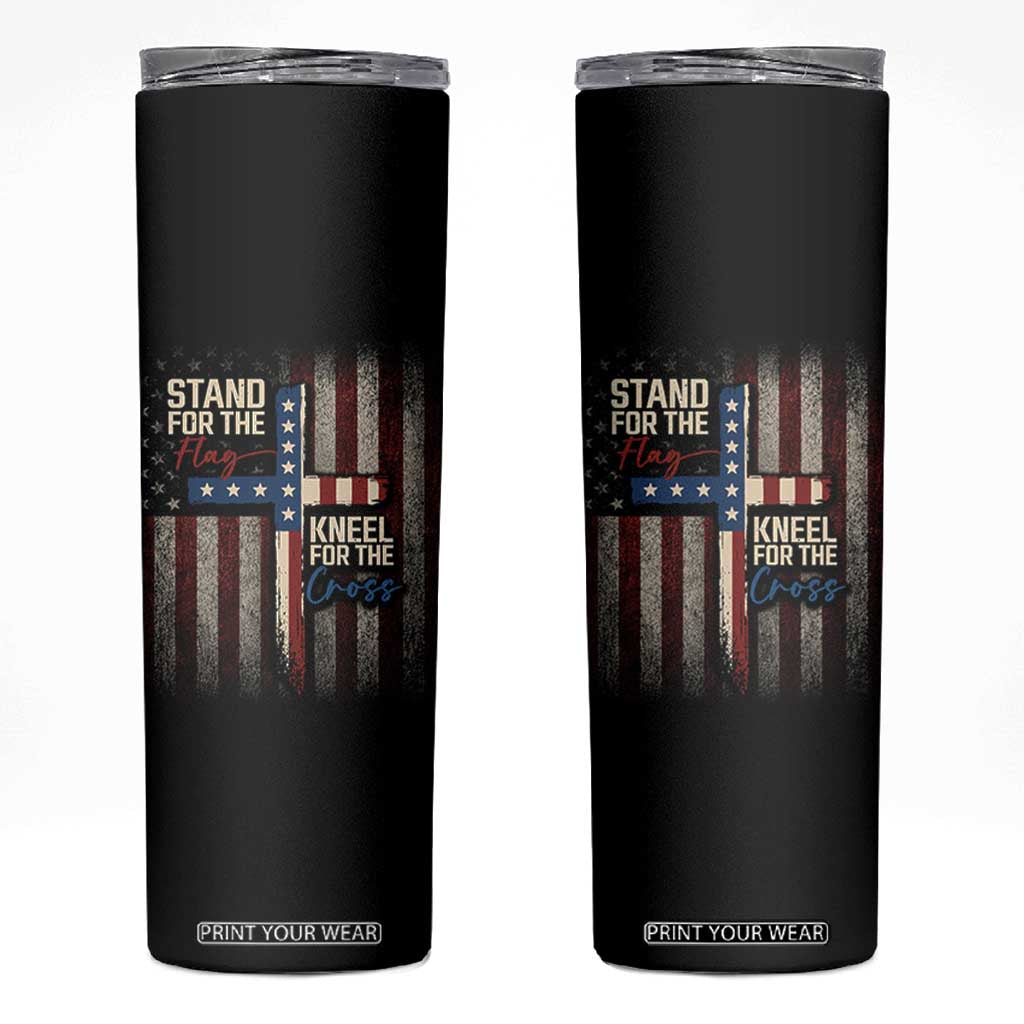 Stand For The Flag Kneel For The Cross Skinny Tumbler Patriotic Faith Vintage American Flag
