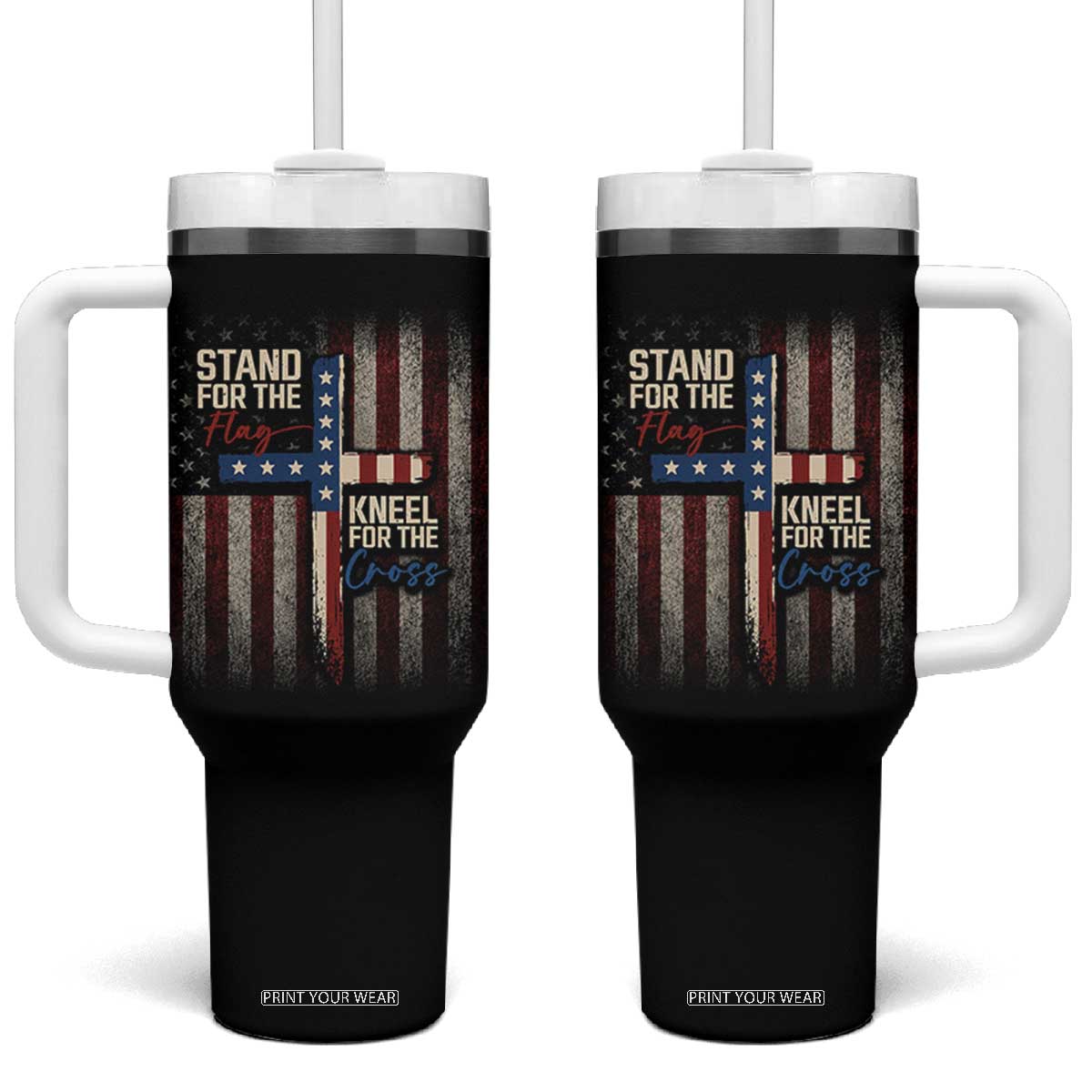 Stand For The Flag Kneel For The Cross Tumbler With Handle Patriotic Faith Vintage American Flag
