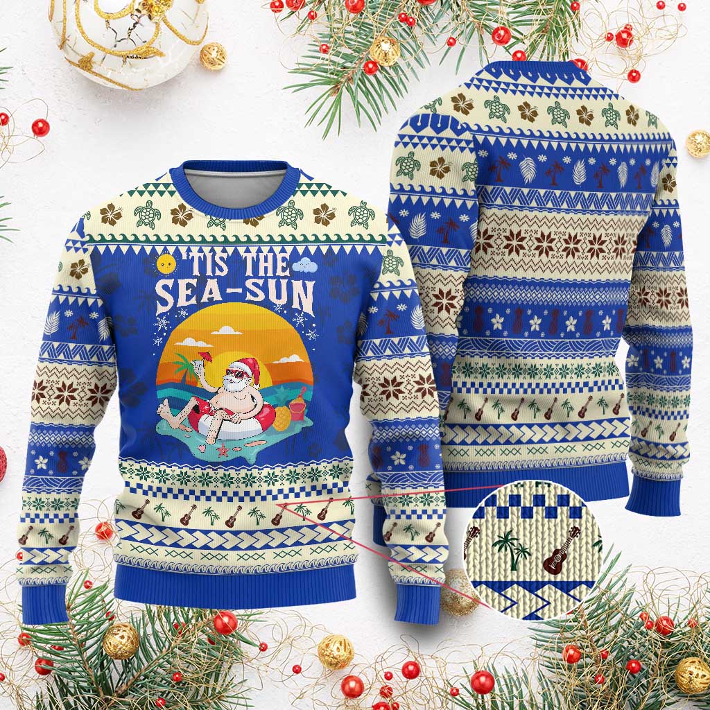 Funny Xmas In July Ugly Christmas Sweater Tis The Sea Sun Santa Beach Summer Season Xmas TS11 Blue Print Your Wear