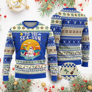 Funny Xmas In July Ugly Christmas Sweater Tis The Sea Sun Santa Beach Summer Season Xmas TS11 Blue Print Your Wear