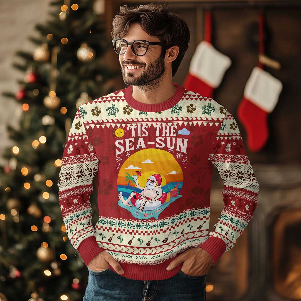 Funny Xmas In July Ugly Christmas Sweater Tis The Sea Sun Santa Beach Summer Season Xmas TS11 Hibiscus Print Your Wear