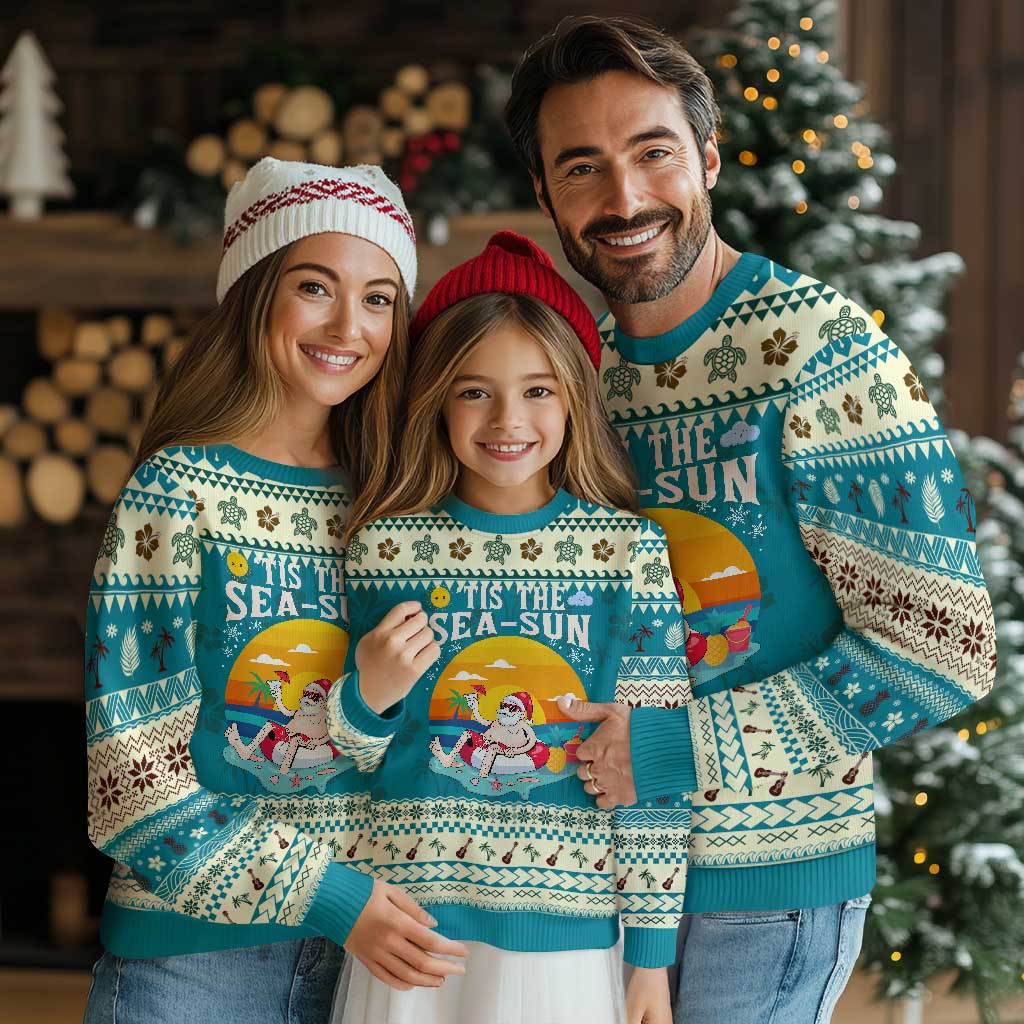 Funny Xmas In July Ugly Christmas Sweater Tis The Sea Sun Santa Beach Summer Season Xmas TS11 Teal Print Your Wear