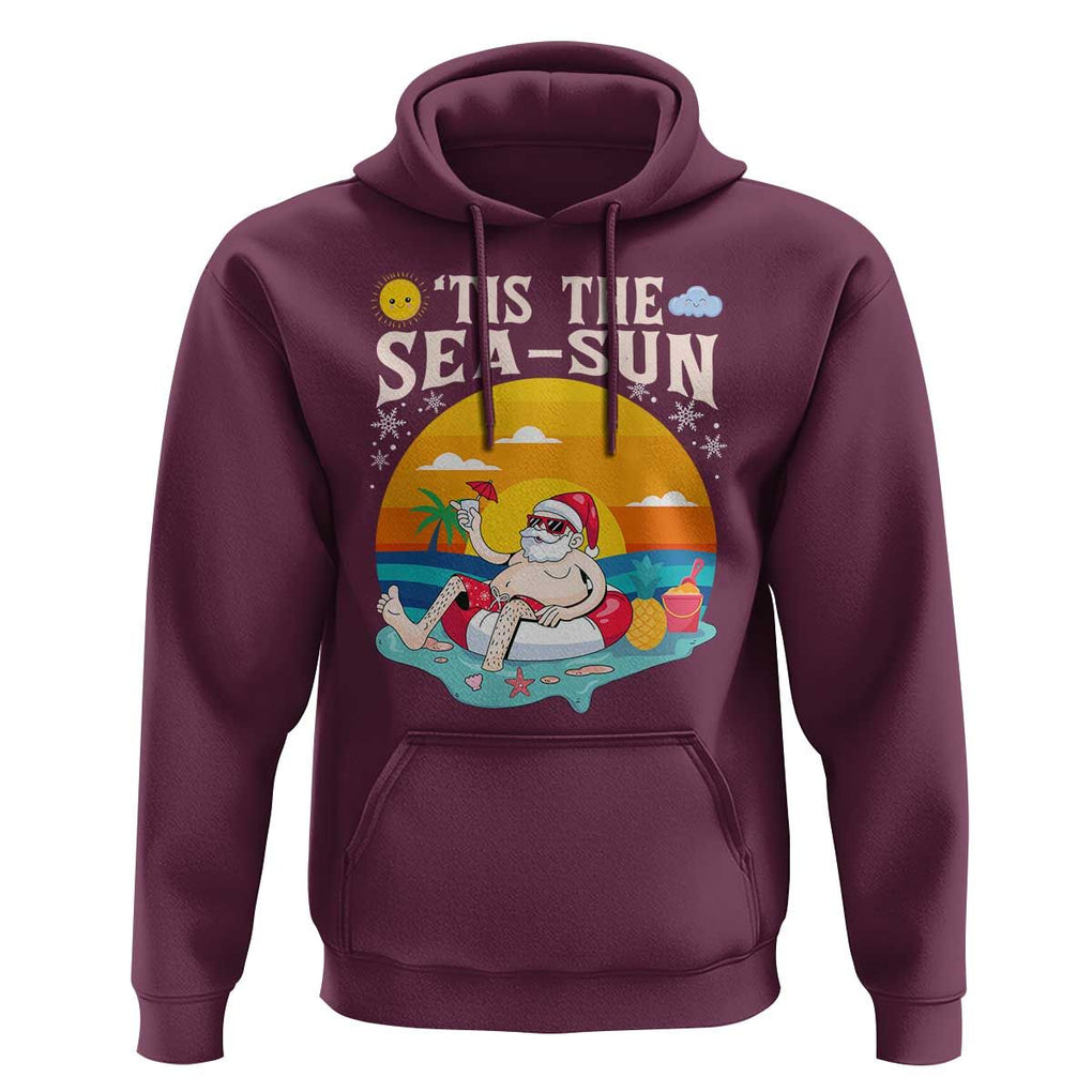 Funny Christmas In July Hoodie Tis The Sea Sun Santa Beach Summer Season Xmas TS11 Maroon Print Your Wear