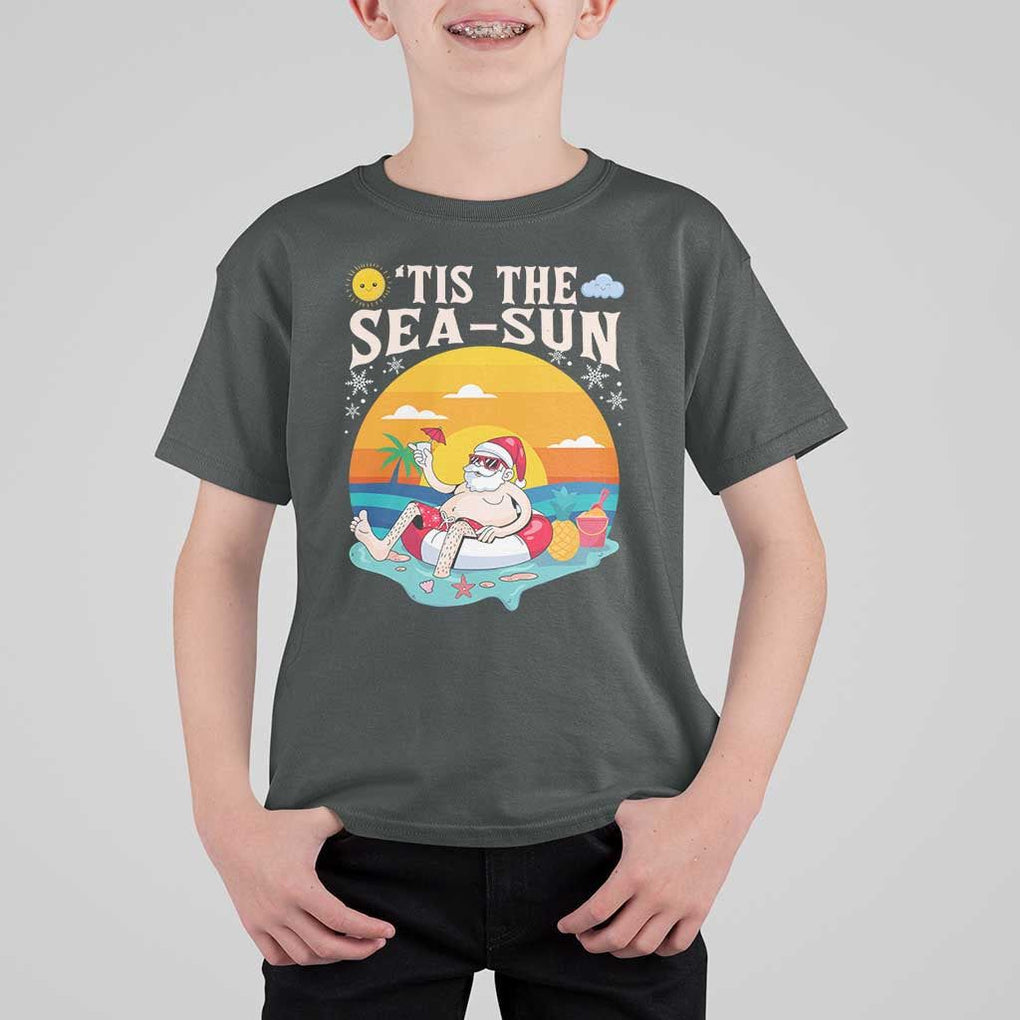 Funny Christmas In July T Shirt For Kid Tis The Sea Sun Santa Beach Summer Season Xmas TS11 Dark Heather Print Your Wear