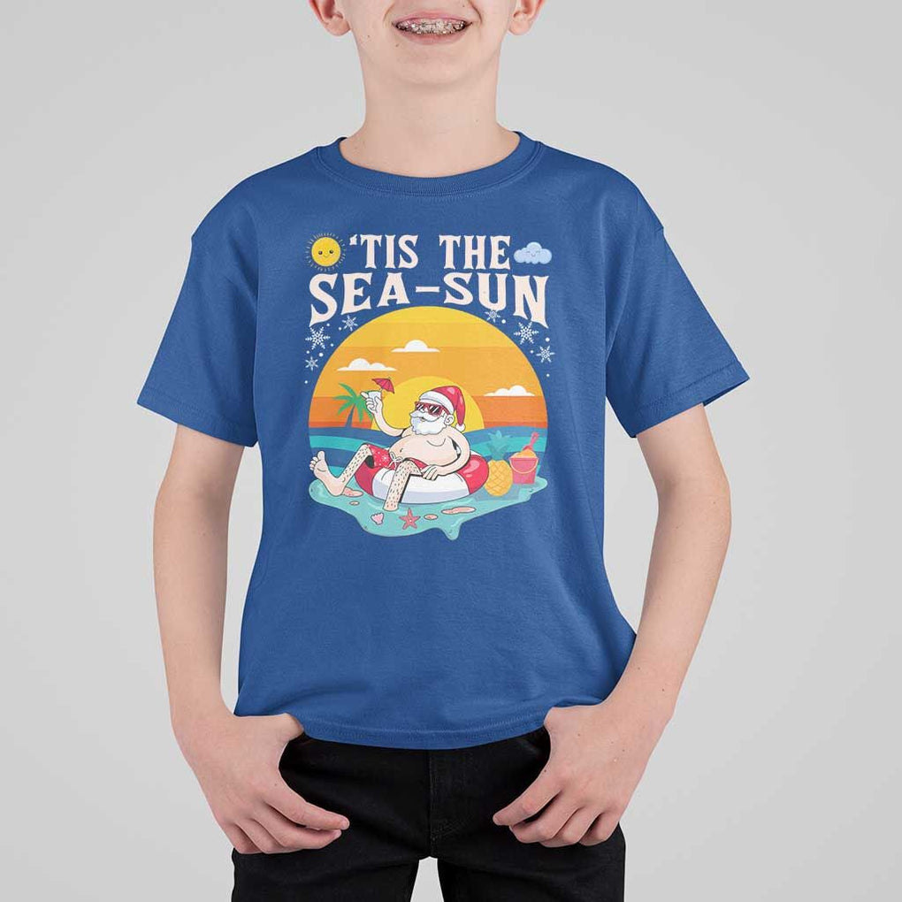 Funny Christmas In July T Shirt For Kid Tis The Sea Sun Santa Beach Summer Season Xmas TS11 Royal Blue Print Your Wear