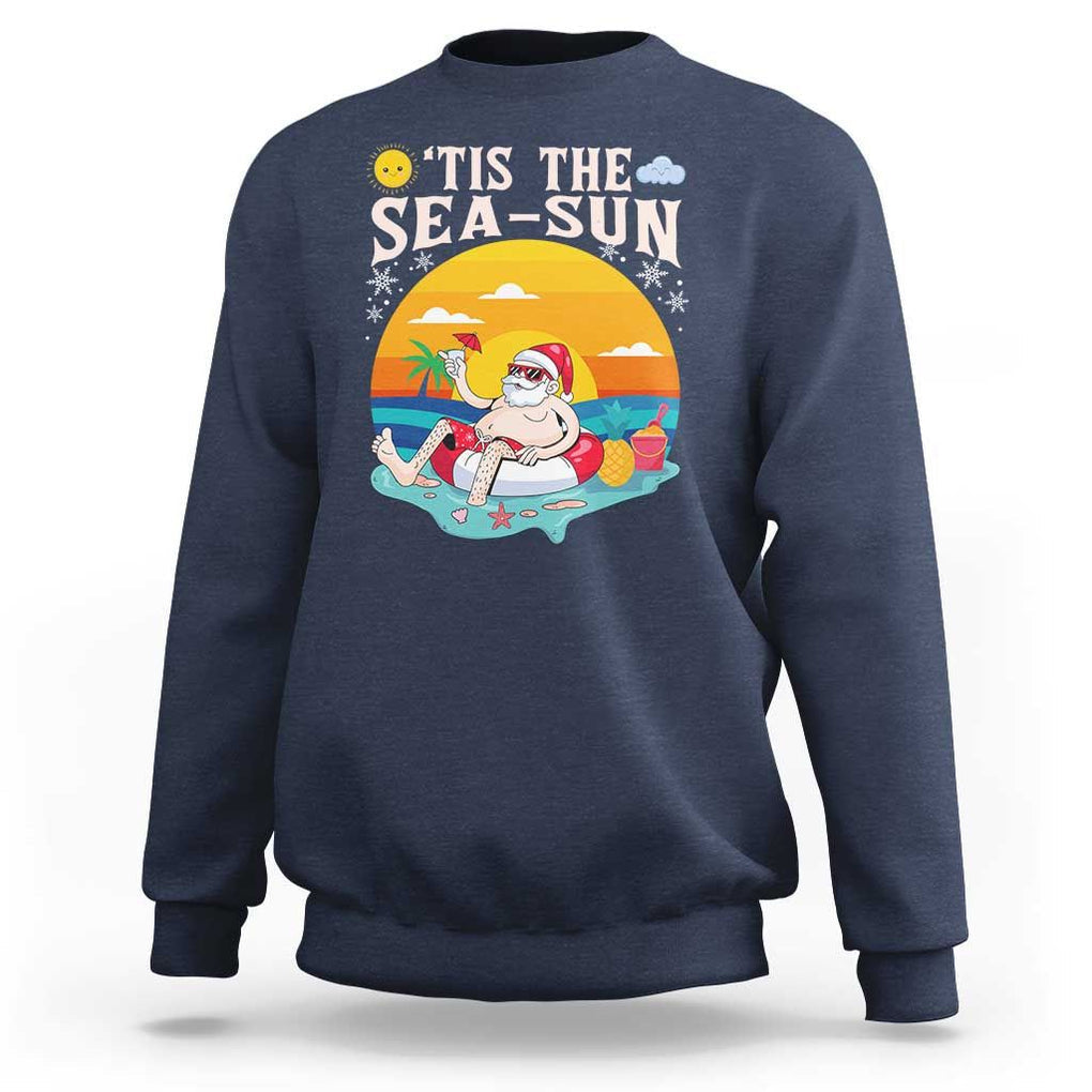 Funny Christmas In July Sweatshirt Tis The Sea Sun Santa Beach Summer Season Xmas TS11 Navy Print Your Wear