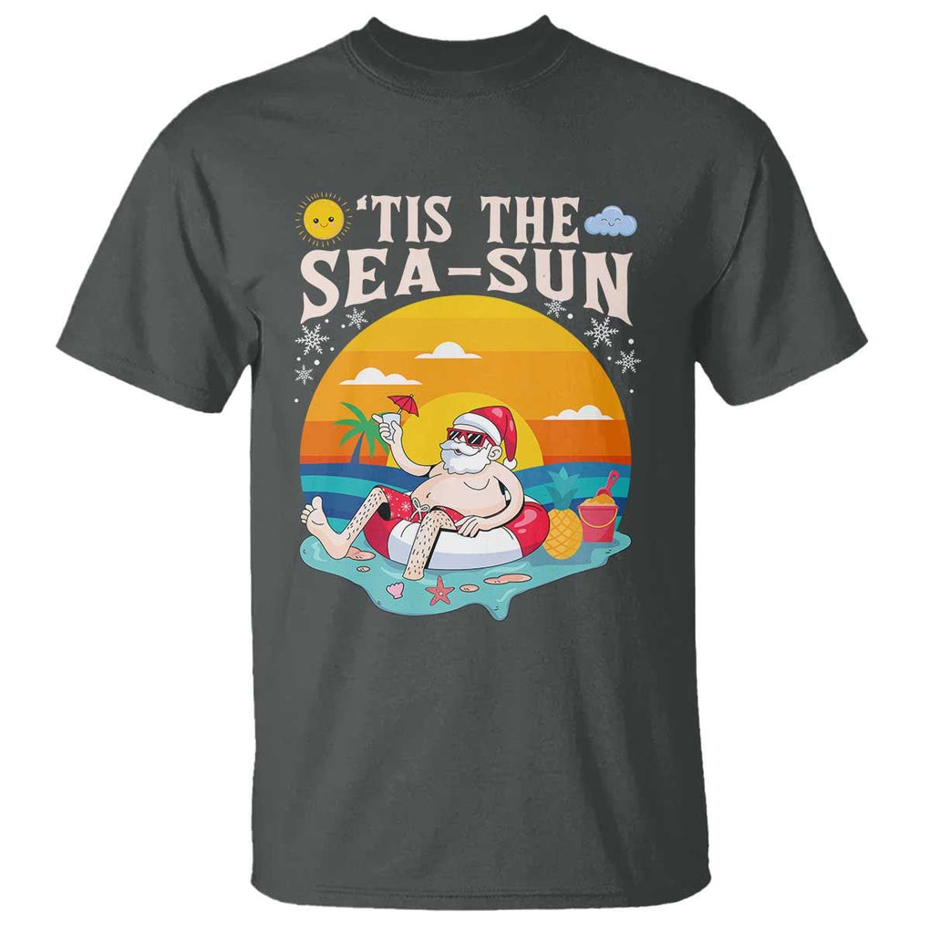 Funny Christmas In July T Shirt Tis The Sea Sun Santa Beach Summer Season Xmas TS11 Dark Heather Print Your Wear