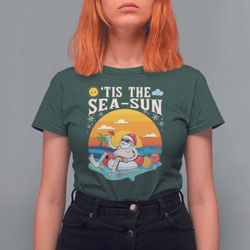 Funny Christmas In July T Shirt For Women Tis The Sea Sun Santa Beach Summer Season Xmas TS11 Dark Forest Green Print Your Wear