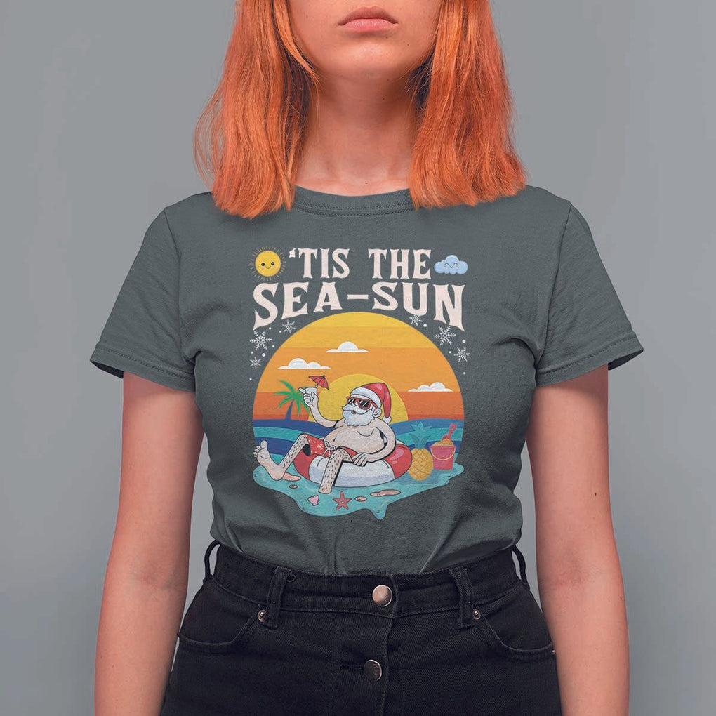 Funny Christmas In July T Shirt For Women Tis The Sea Sun Santa Beach Summer Season Xmas TS11 Dark Heather Print Your Wear