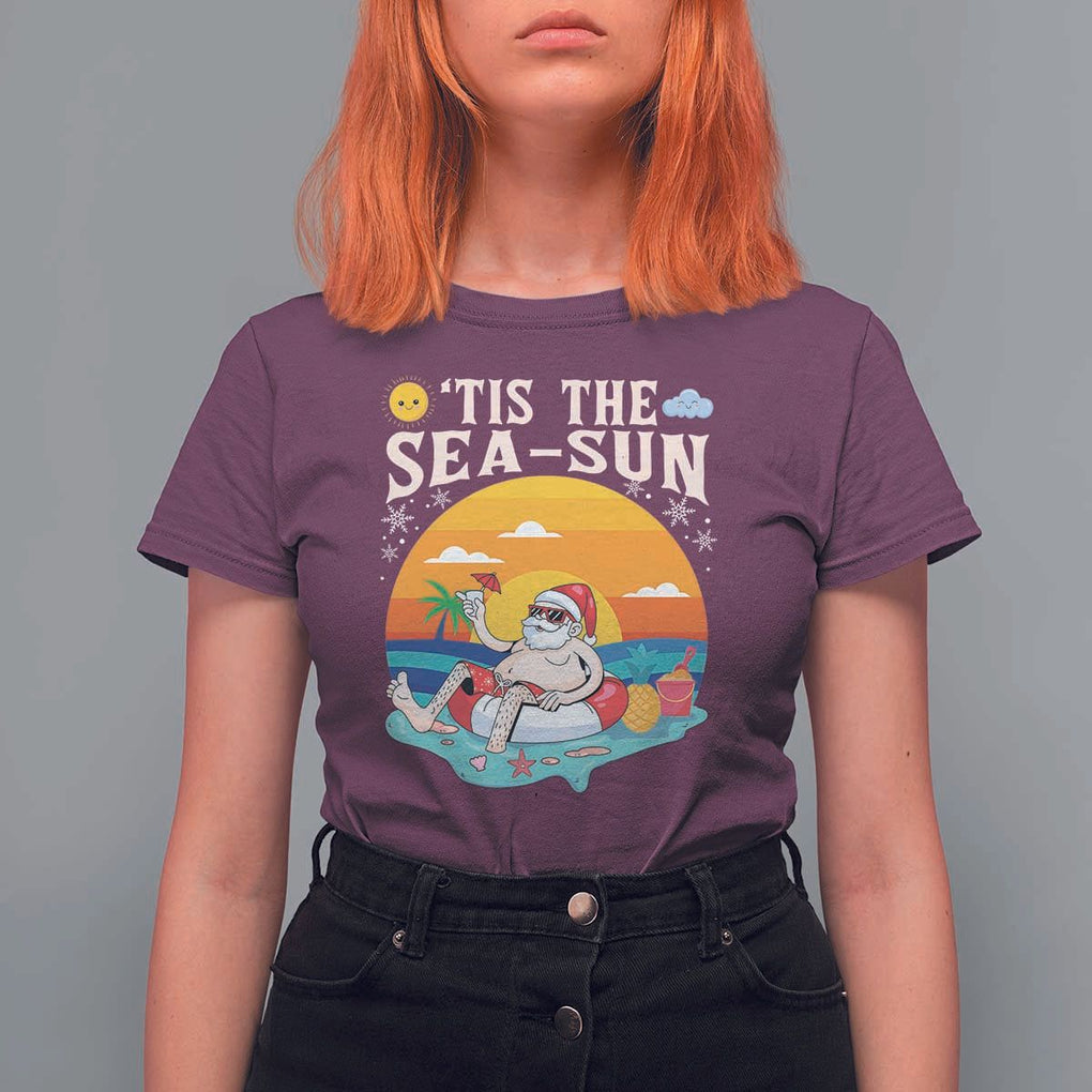 Funny Christmas In July T Shirt For Women Tis The Sea Sun Santa Beach Summer Season Xmas TS11 Maroon Print Your Wear