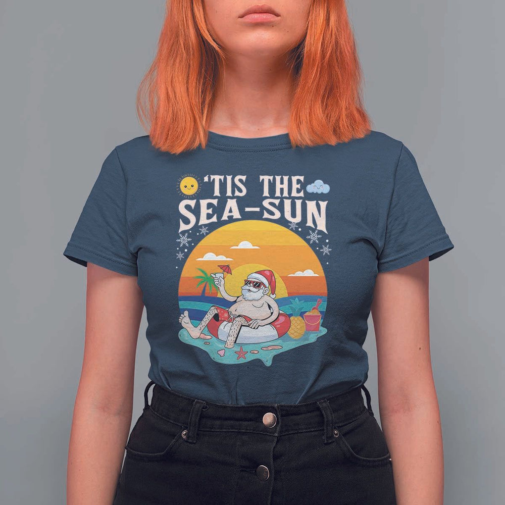 Funny Christmas In July T Shirt For Women Tis The Sea Sun Santa Beach Summer Season Xmas TS11 Navy Print Your Wear
