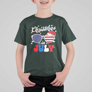 Christmas In July T Shirt For Kid Santa Hat Sunglasses USA Flag 4th Of July Xmas TS11 Dark Forest Green Print Your Wear