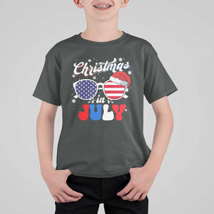 Christmas In July T Shirt For Kid Santa Hat Sunglasses USA Flag 4th Of July Xmas TS11 Dark Heather Print Your Wear