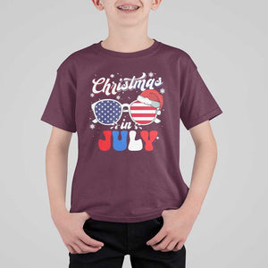 Christmas In July T Shirt For Kid Santa Hat Sunglasses USA Flag 4th Of July Xmas TS11 Maroon Print Your Wear