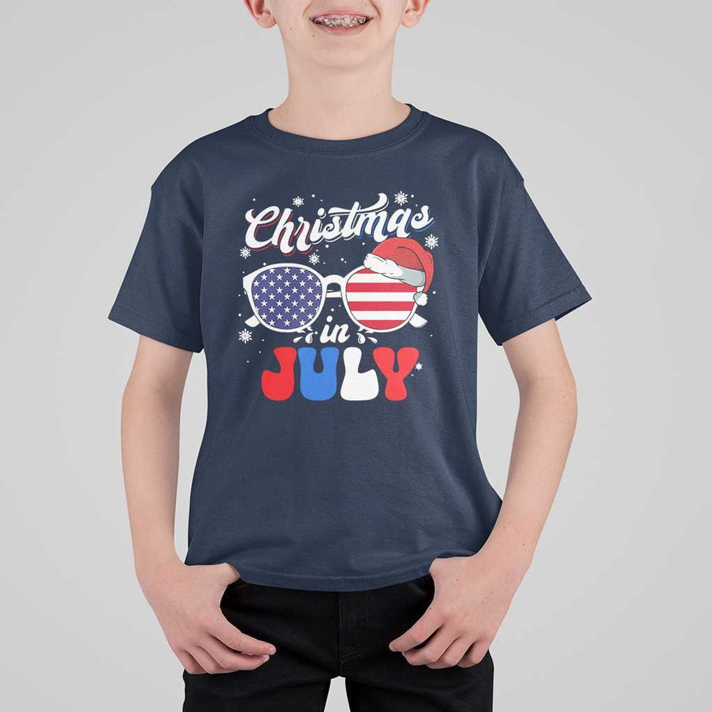Christmas In July T Shirt For Kid Santa Hat Sunglasses USA Flag 4th Of July Xmas TS11 Navy Print Your Wear