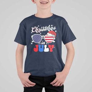 Christmas In July T Shirt For Kid Santa Hat Sunglasses USA Flag 4th Of July Xmas TS11 Navy Print Your Wear