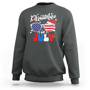 Christmas In July Sweatshirt Santa Hat Sunglasses USA Flag 4th Of July Xmas TS11 Dark Heather Print Your Wear