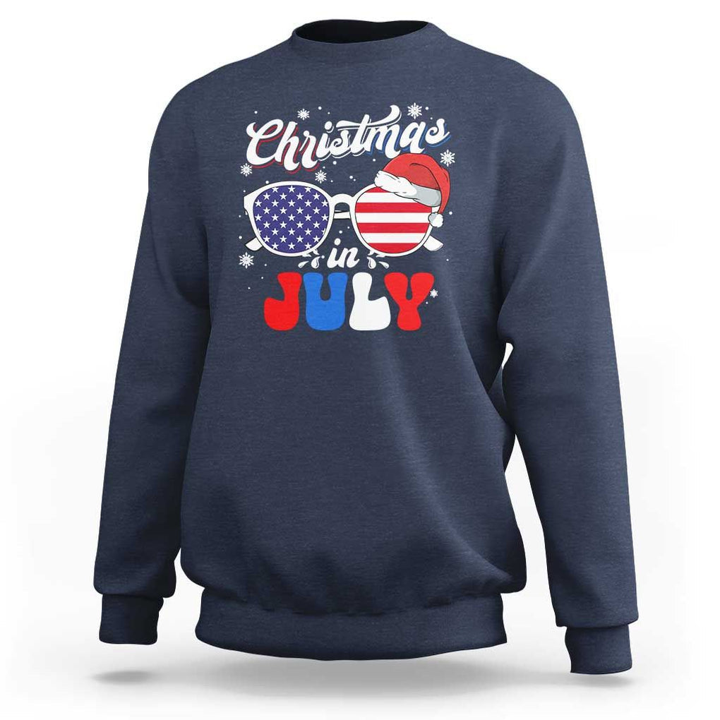 Christmas In July Sweatshirt Santa Hat Sunglasses USA Flag 4th Of July Xmas TS11 Navy Print Your Wear