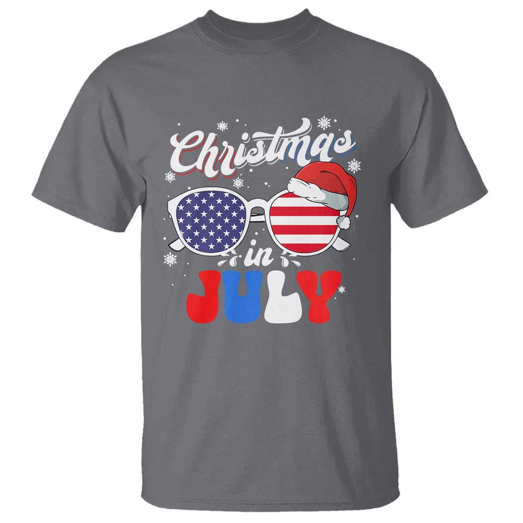 Christmas In July T Shirt Santa Hat Sunglasses USA Flag 4th Of July Xmas TS11 Charcoal Print Your Wear