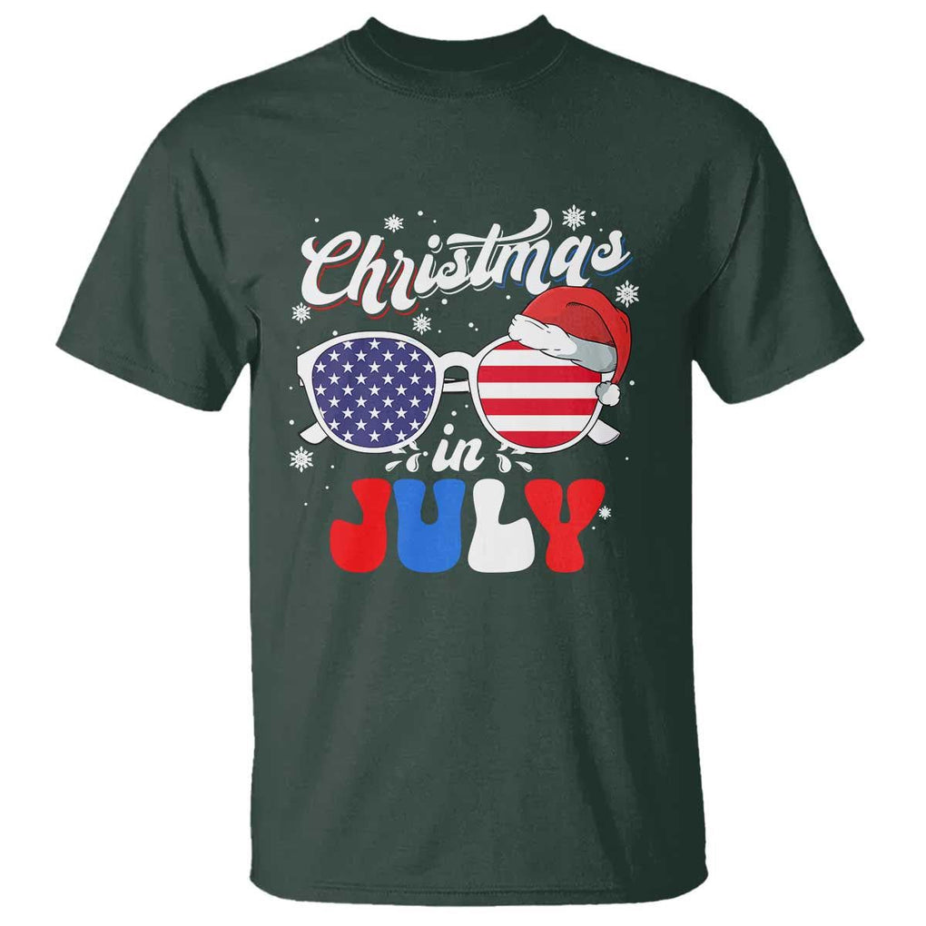 Christmas In July T Shirt Santa Hat Sunglasses USA Flag 4th Of July Xmas TS11 Dark Forest Green Print Your Wear