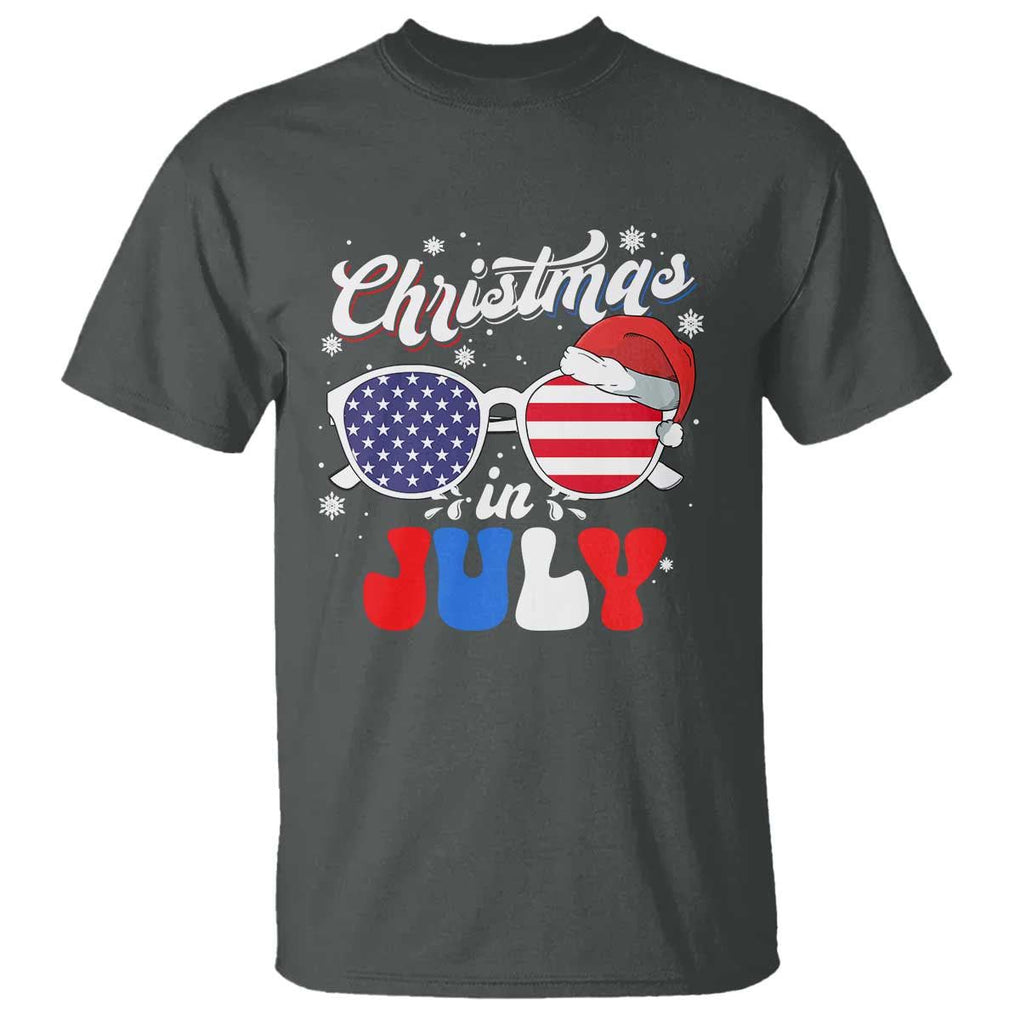 Christmas In July T Shirt Santa Hat Sunglasses USA Flag 4th Of July Xmas TS11 Dark Heather Print Your Wear