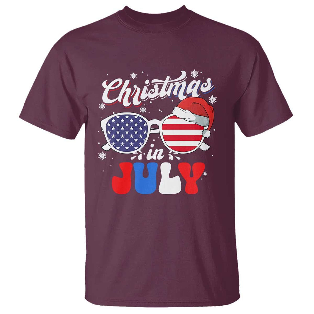 Christmas In July T Shirt Santa Hat Sunglasses USA Flag 4th Of July Xmas TS11 Maroon Print Your Wear