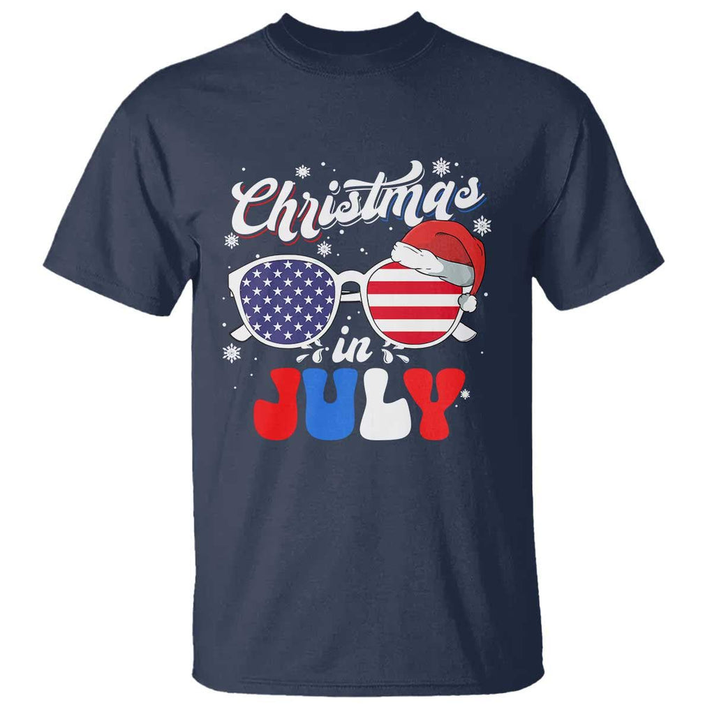 Christmas In July T Shirt Santa Hat Sunglasses USA Flag 4th Of July Xmas TS11 Navy Print Your Wear