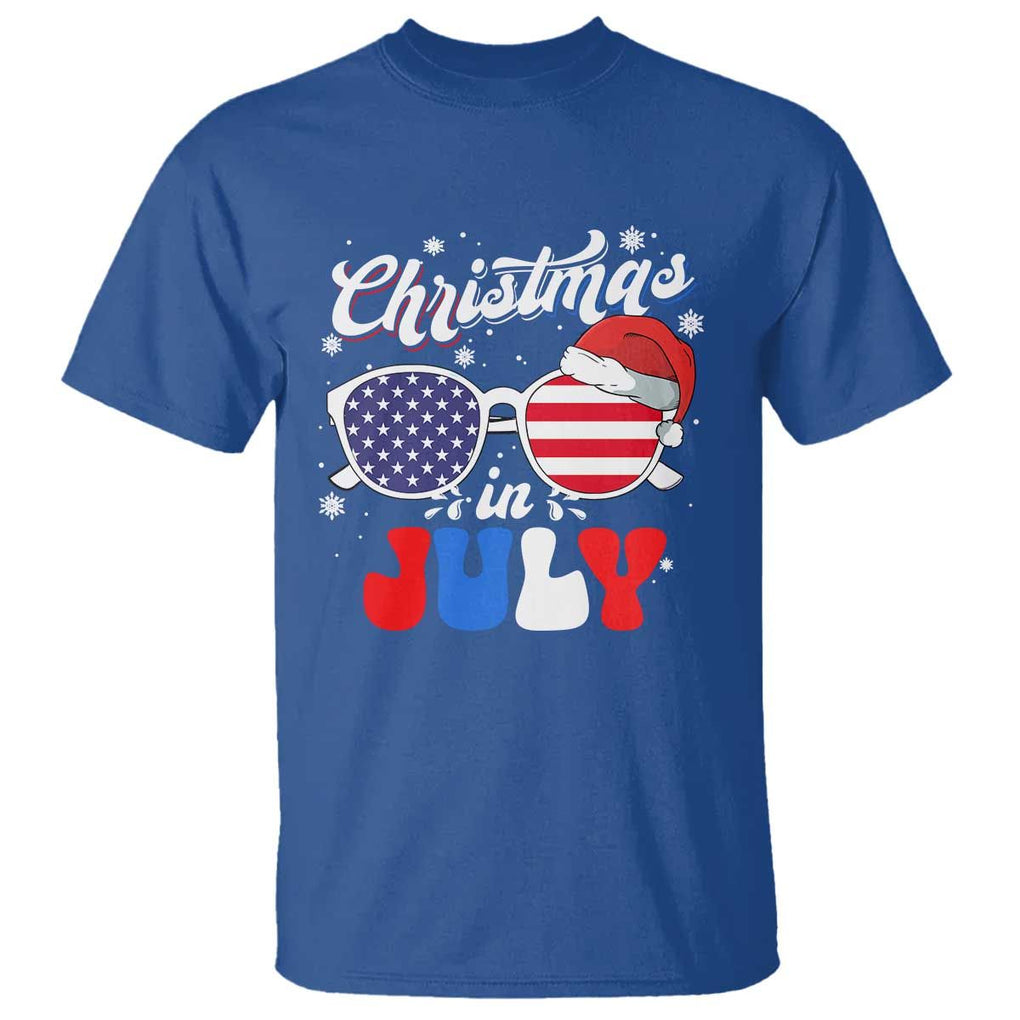 Christmas In July T Shirt Santa Hat Sunglasses USA Flag 4th Of July Xmas TS11 Royal Blue Print Your Wear