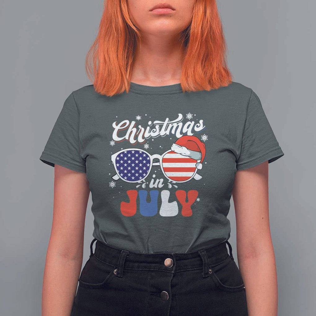 Christmas In July T Shirt For Women Santa Hat Sunglasses USA Flag 4th Of July Xmas TS11 Dark Heather Print Your Wear