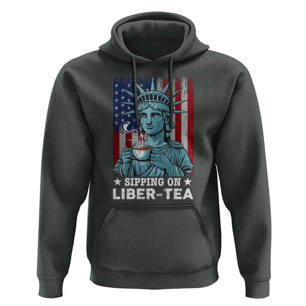 Funny 4th Of July Hoodie Sippin On Liber Tea Liberty USA Flag TS11 Dark Heather Print Your Wear