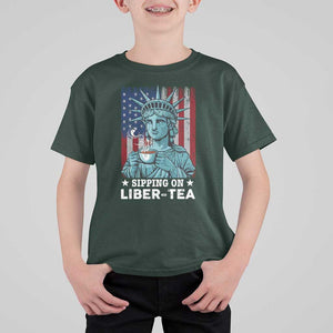 Funny 4th Of July T Shirt For Kid Sippin On Liber Tea Liberty USA Flag TS11 Dark Forest Green Print Your Wear