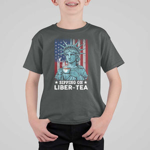 Funny 4th Of July T Shirt For Kid Sippin On Liber Tea Liberty USA Flag TS11 Dark Heather Print Your Wear