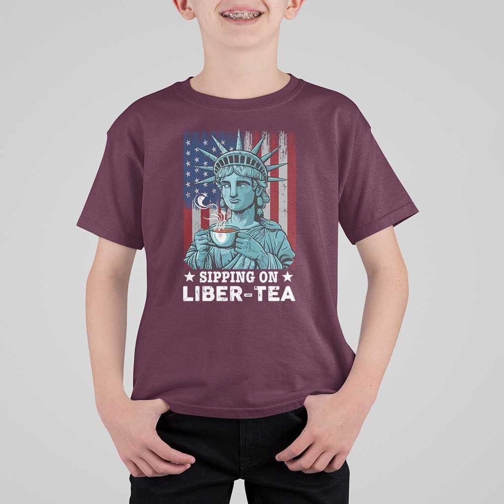 Funny 4th Of July T Shirt For Kid Sippin On Liber Tea Liberty USA Flag TS11 Maroon Print Your Wear