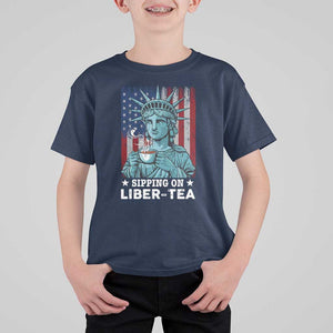 Funny 4th Of July T Shirt For Kid Sippin On Liber Tea Liberty USA Flag TS11 Navy Print Your Wear