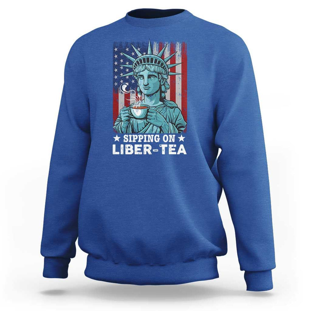 Funny 4th Of July Sweatshirt Sippin On Liber Tea Liberty USA Flag TS11 Royal Blue Print Your Wear