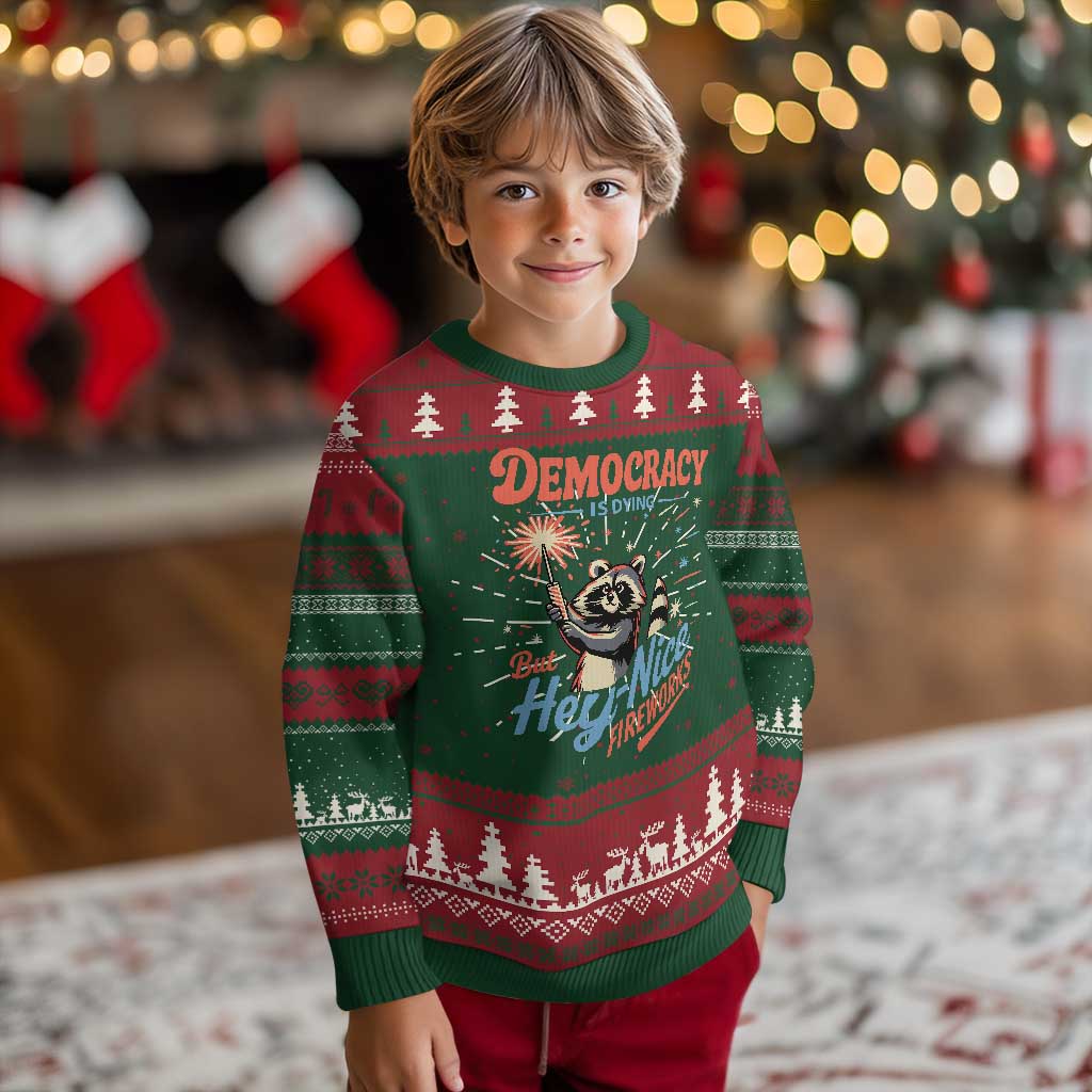 Funny Democracy Is Dying But Hey Nice Fireworks Knit Sweatshirt Racoon 4th Of July TS11 Christmas Print Your Wear
