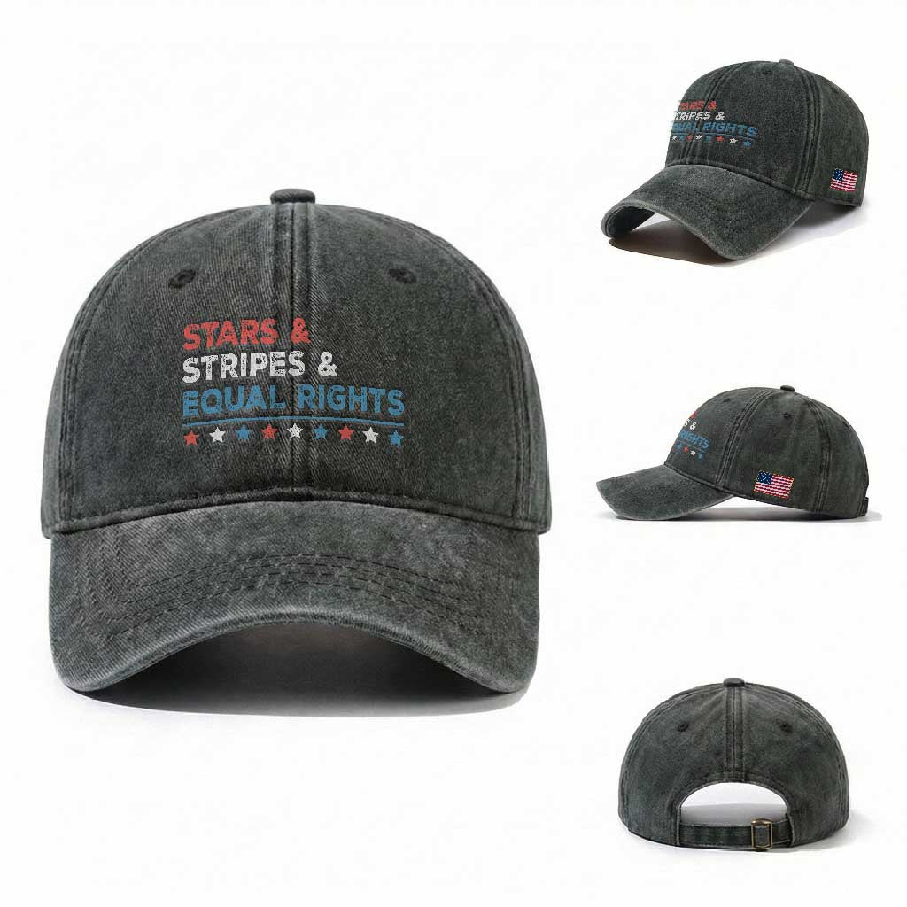 Stars Stripes And Equal Rights Washed Cotton Baseball Cap 4th Of July Women's Rights TS11 Washed Cap Universal Fit Dark Green Print Your Wear