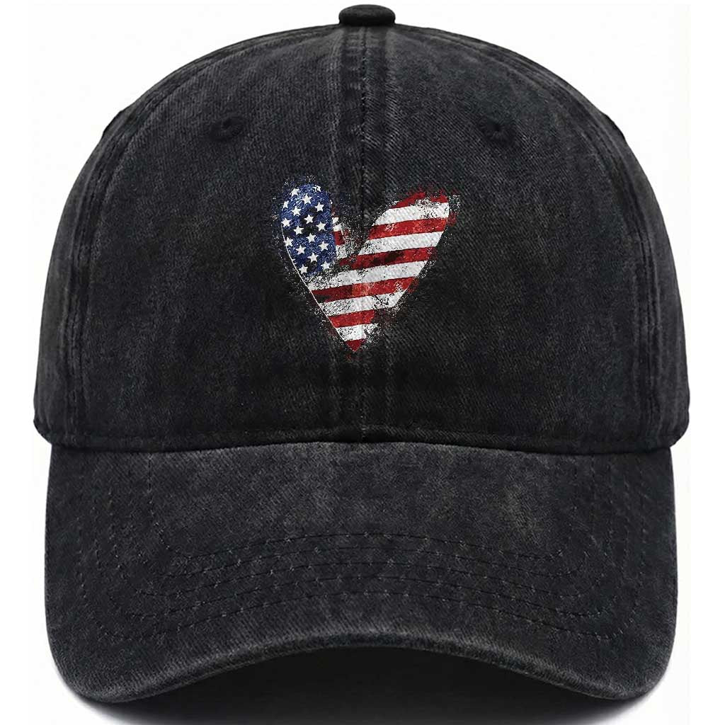 4th of July American Flag Heart USA Patriotic Washed Cotton Baseball Cap TS11 Washed Cap Universal Fit Black Print Your Wear