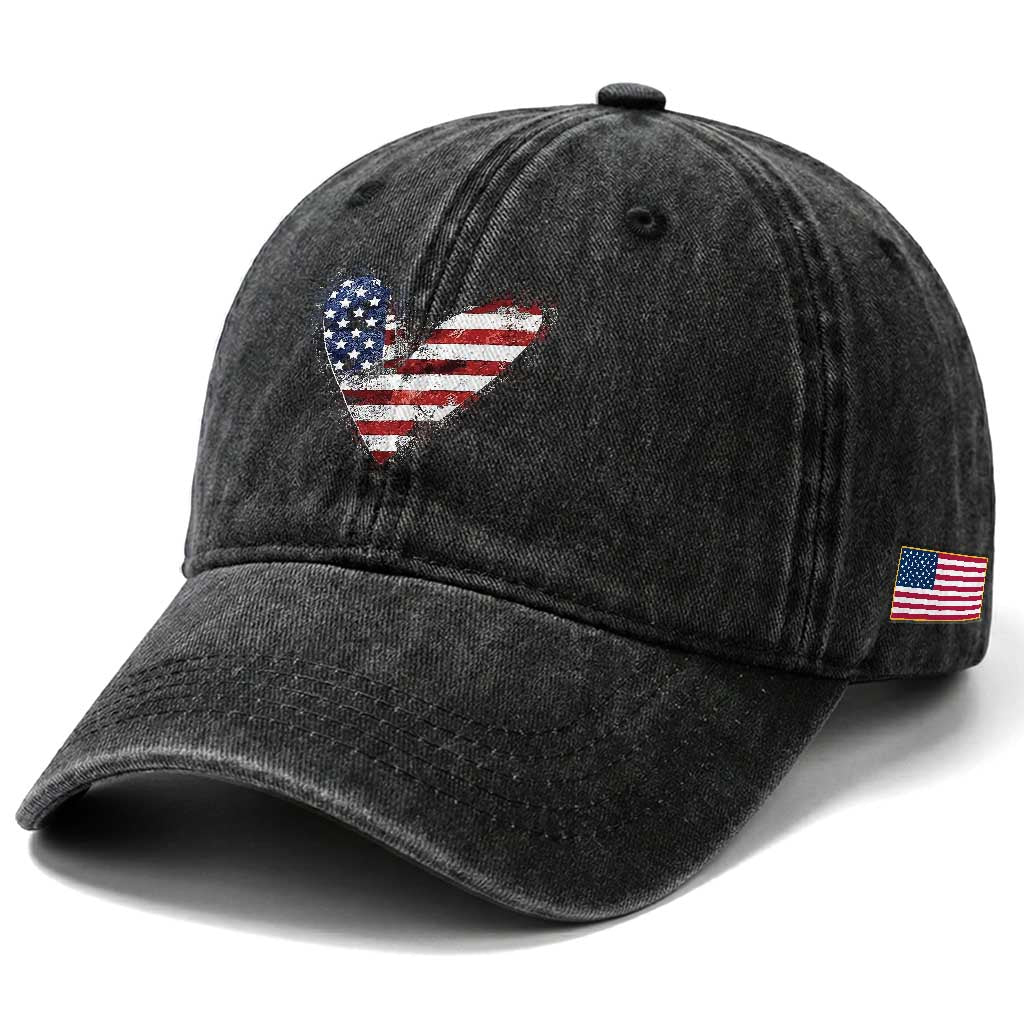 4th of July American Flag Heart USA Patriotic Washed Cotton Baseball Cap TS11 Print Your Wear