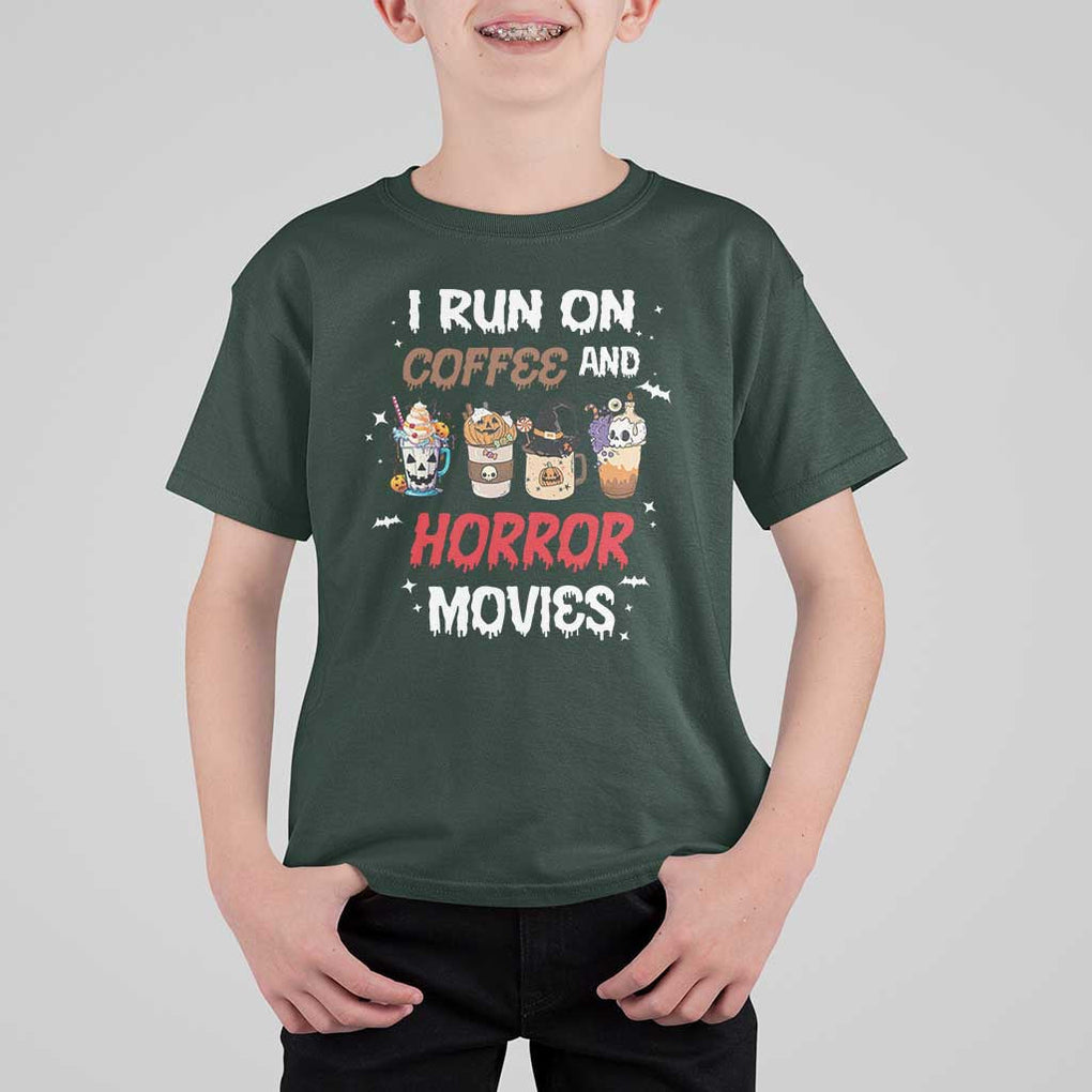 Funny Halloween T Shirt For Kid I Run On Coffee And Horror Movies Pumpkin Witch Hat TS11 Dark Forest Green Print Your Wear