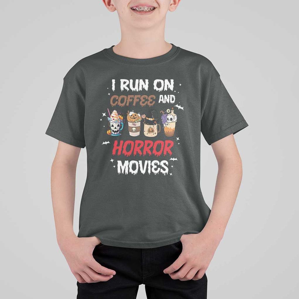 Funny Halloween T Shirt For Kid I Run On Coffee And Horror Movies Pumpkin Witch Hat TS11 Dark Heather Print Your Wear