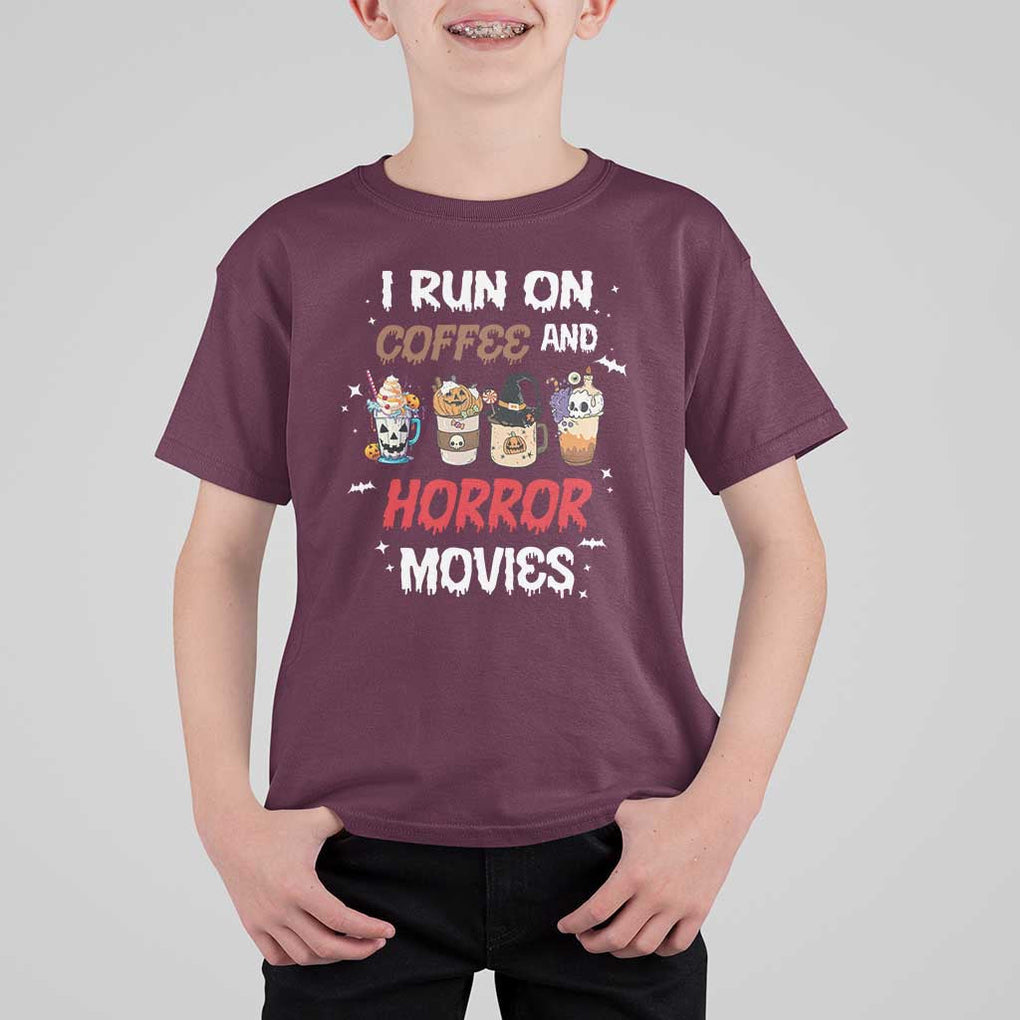 Funny Halloween T Shirt For Kid I Run On Coffee And Horror Movies Pumpkin Witch Hat TS11 Maroon Print Your Wear
