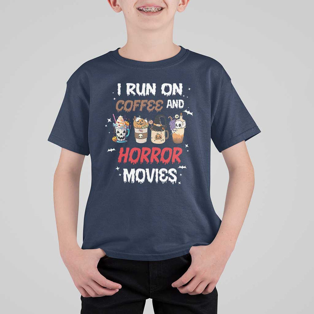 Funny Halloween T Shirt For Kid I Run On Coffee And Horror Movies Pumpkin Witch Hat TS11 Navy Print Your Wear