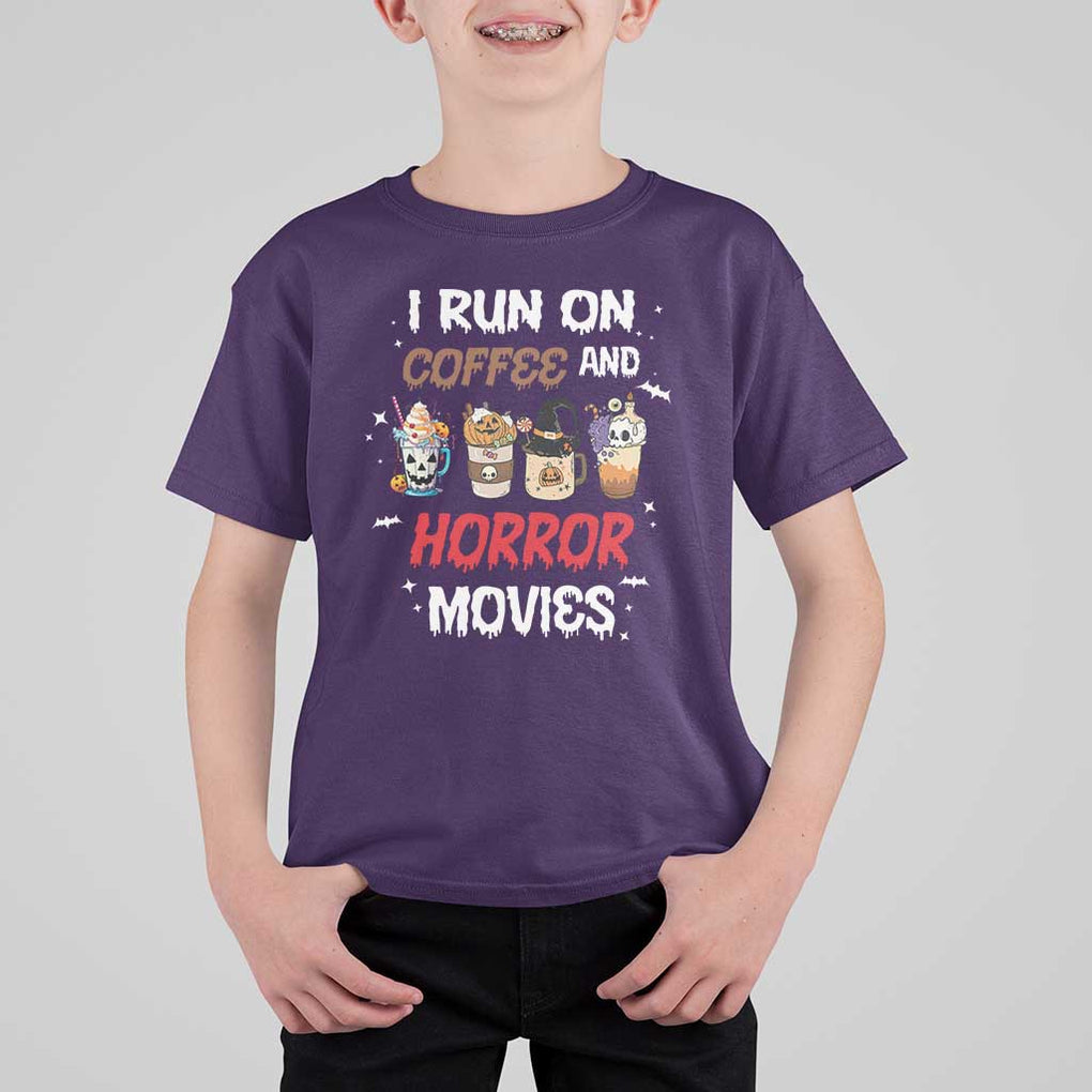 Funny Halloween T Shirt For Kid I Run On Coffee And Horror Movies Pumpkin Witch Hat TS11 Purple Print Your Wear