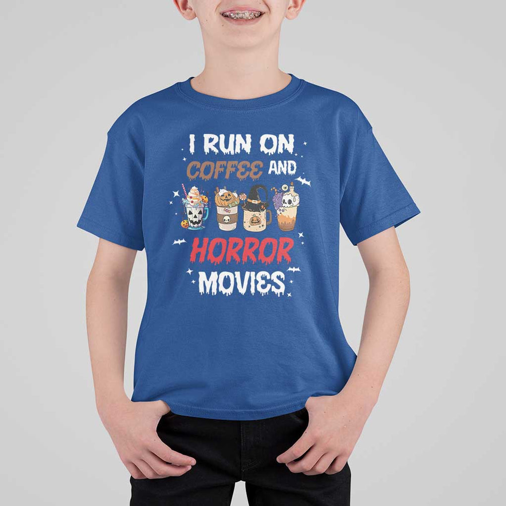 Funny Halloween T Shirt For Kid I Run On Coffee And Horror Movies Pumpkin Witch Hat TS11 Royal Blue Print Your Wear