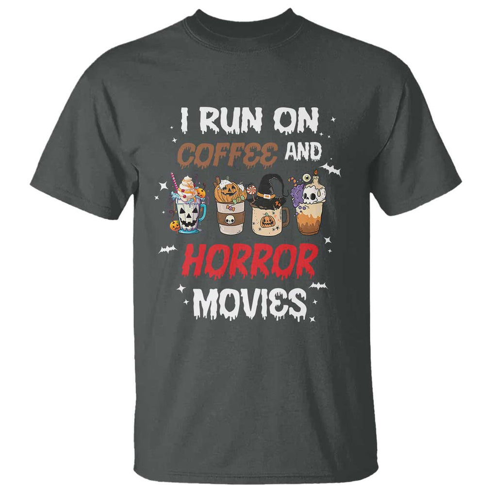 Funny Halloween T Shirt I Run On Coffee And Horror Movies Pumpkin Witch Hat TS11 Dark Heather Print Your Wear
