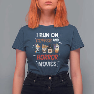 Funny Halloween T Shirt For Women I Run On Coffee And Horror Movies Pumpkin Witch Hat TS11 Navy Print Your Wear