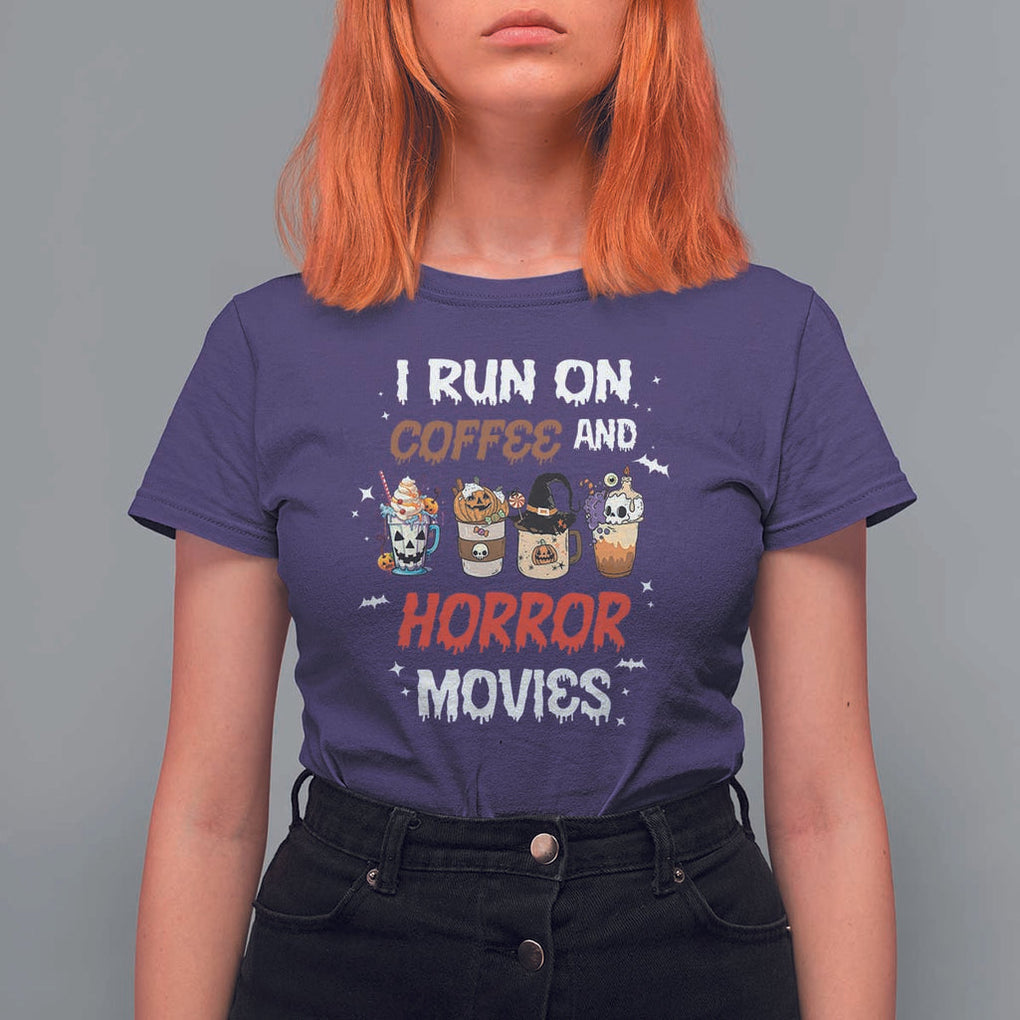 Funny Halloween T Shirt For Women I Run On Coffee And Horror Movies Pumpkin Witch Hat TS11 Purple Print Your Wear